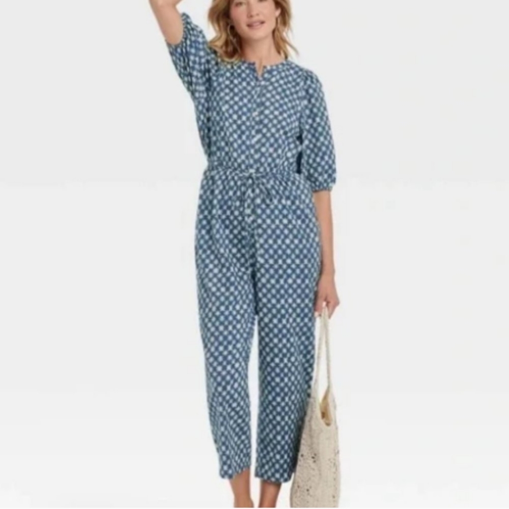 Universal Thread Puff Sleeve Tie Waist Star Jumpsuit Blue Size 1X